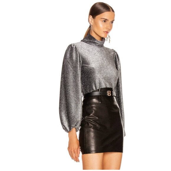 Ganni Silver Metallic Long Puff Sleeve Turtleneck Jumper Top - Picture 1 of 9